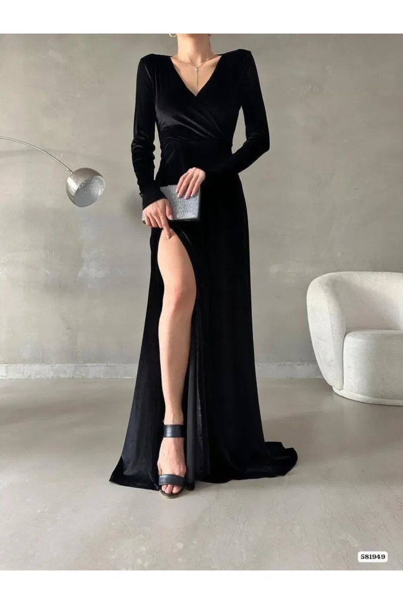 Kadın Şık Model Kruvaze Uzun Kol Kadife Kumaş Yırtmaçlı Maxi Abiye Elbise görsel 8