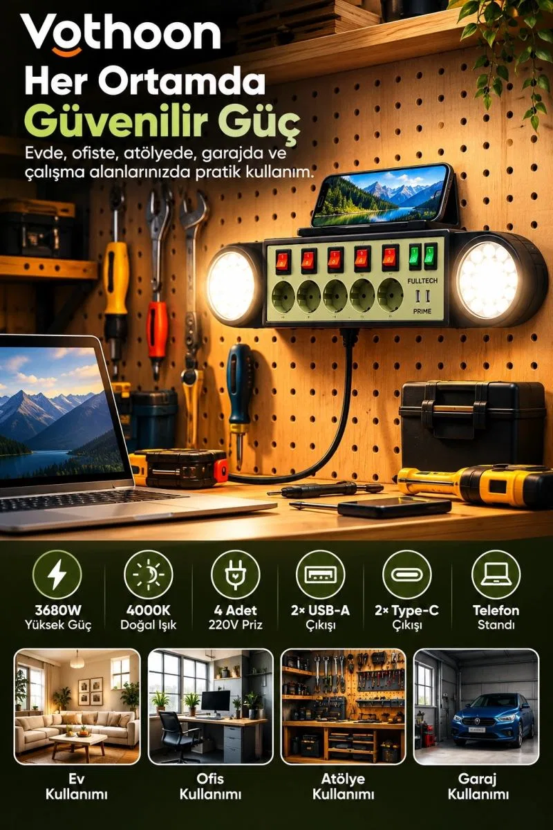 Akıllı Masaüstü Duvar Tipi Akım Korumalı 5’li Priz 3680w Led Işıklı Usb-a Type-c Telefon Standlı görsel 6