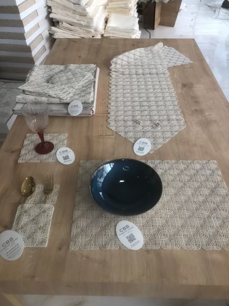 Sofra Takımı Orion Gardenya Keten Yemek Takımı 160x260 Masa Seti 26 Parça Runner Set Kapiçino görsel 4