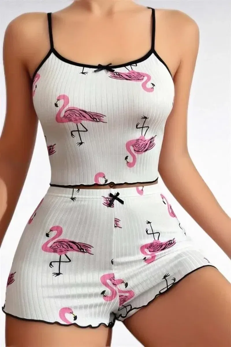 Pamuklu Beyaz Üstüne Pelikan Desen Fitilli Askılı Şortlu Pijama Takımı görsel 2