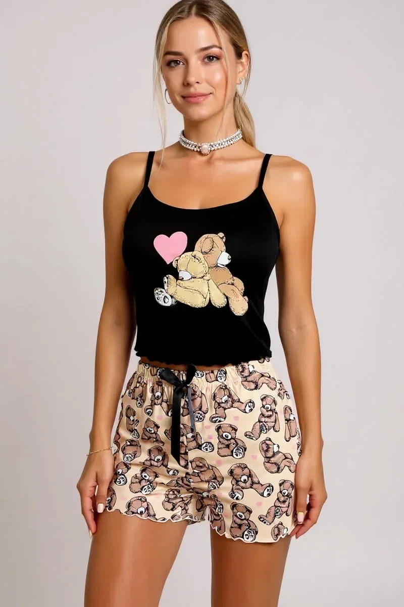 Kadın Yeni Sezon Renkli Ayıcık Desenli Askılı Şortlu Pijama Takımı görsel 3