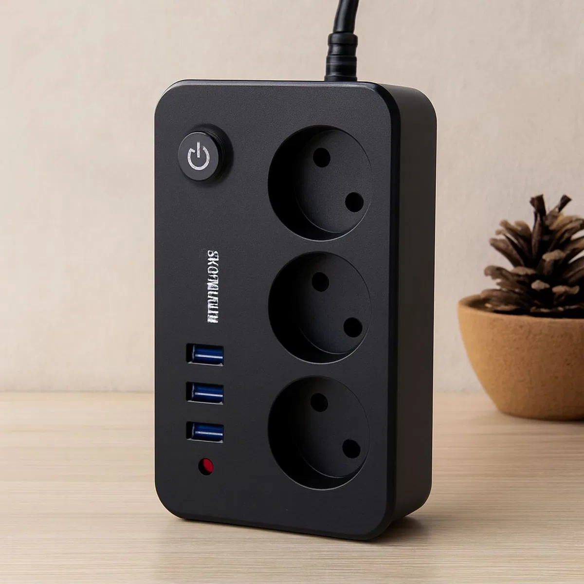 Anahtarlı Termal Korumalı 3'lü Priz + 3xUSB 2. 1A 2m Uzatma Kablosu Siyah