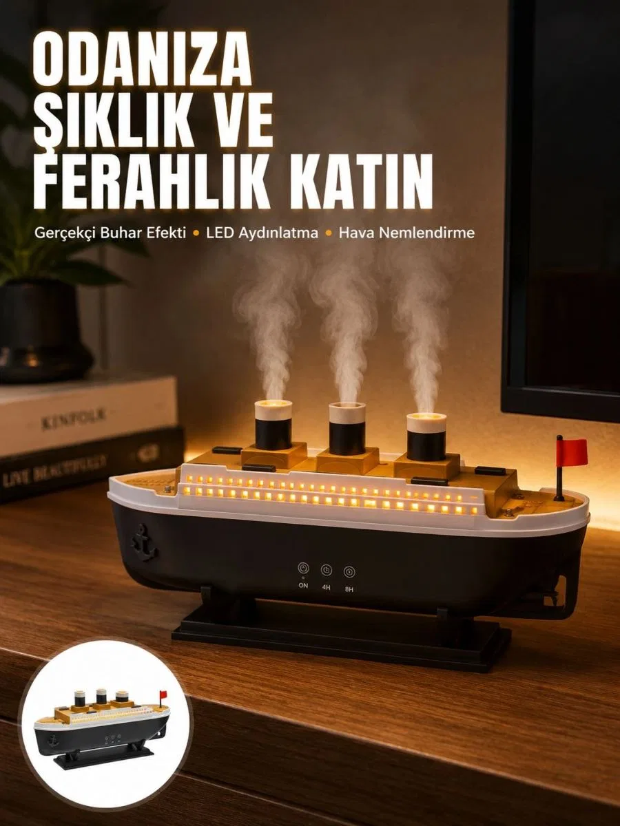 Ultra Sessiz Titanik Gemi Led Işıklı Aroma Difüzörü Oda Nemlendirici Yeni Nesil