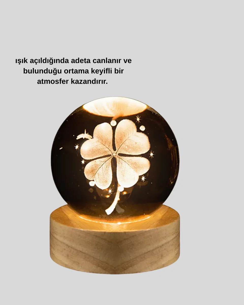 Dekoratif Yonca Görünümlü Işıklı Kristal Cam Küre USB Masa Gece Lambası görsel 3