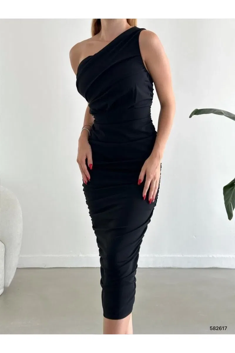 Kadın İnce Tek Omuz Tek Kol Krep Kumaş Bodycon Abiye Elbise