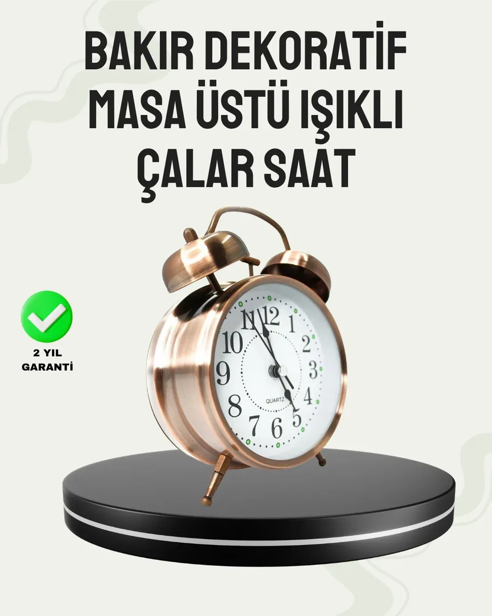 Nostaljik Büyük Boy Metal Masa Saati Bronz Kaplama ve Yüksek Sesli Alarm