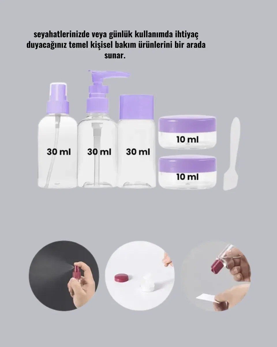 5 Parça Seyahat Kişisel Bakım Seti Şişe Sprey Krem Kutulu Yeni Nesil görsel 4