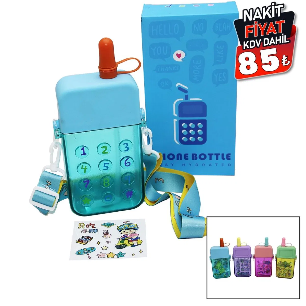 Telefon Modeli Su Matarası 300 ml - Pipetli Vidalı Kapak Askılı görsel 2