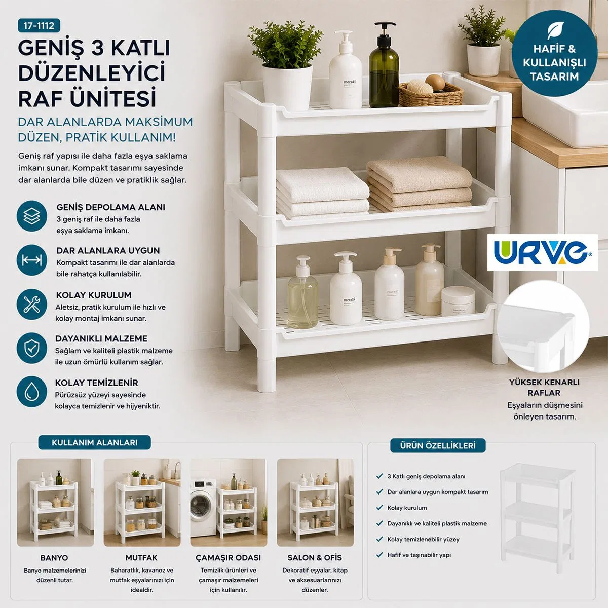3 Katlı Geniş Sepet Organizer Raf Ünitesi 510x205x685 mm görsel 3