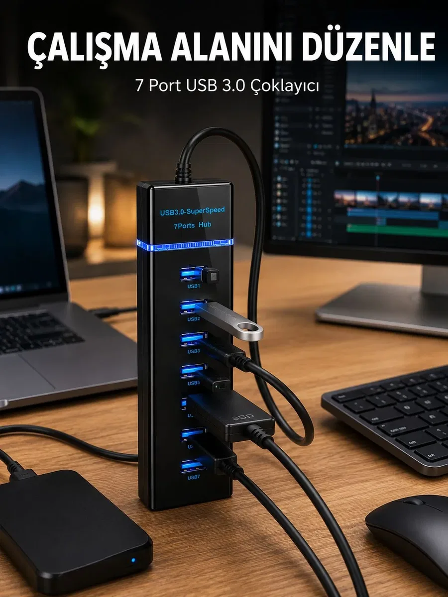 7 Girişli USB 3. 0 Hub 5Gbps LED Göstergeli USB Çoğaltıcı