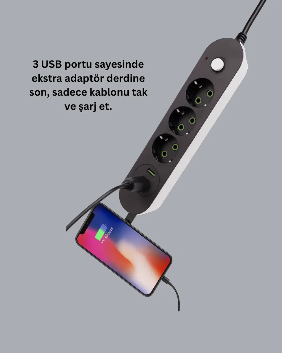 Akım Korumalı Anahtarlı USB Girişli Üçlü Priz görsel 5