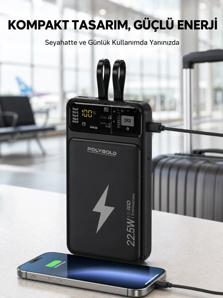 Powerbank Dahili Ekranlı 10000 mAh Çift Kablolu Yeni Nesil
