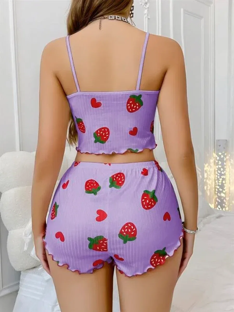 Pamuklu Lila Üstüne Çilek Desen Fitilli Askılı Şortlu Pijama Takımı görsel 3