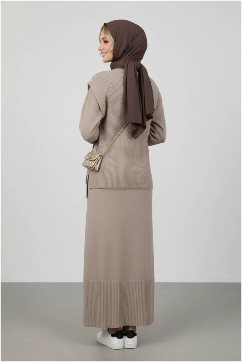 Kadın Şık Açık Kahve Modest Triko Tunik Takım Elbise görsel 4