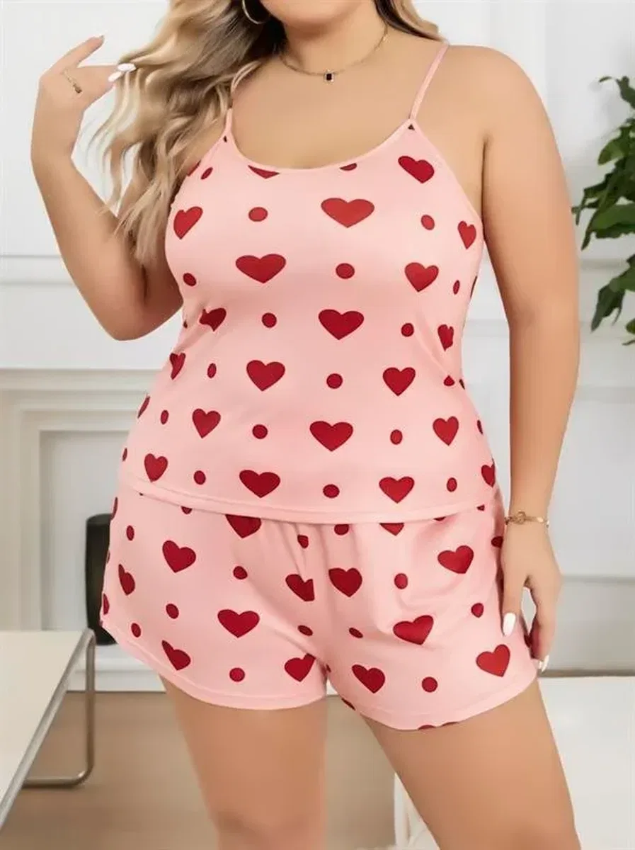 Büyük Beden Pembe Kalp Desen Pamuklu Şortlu Pijama Takımı görsel 2