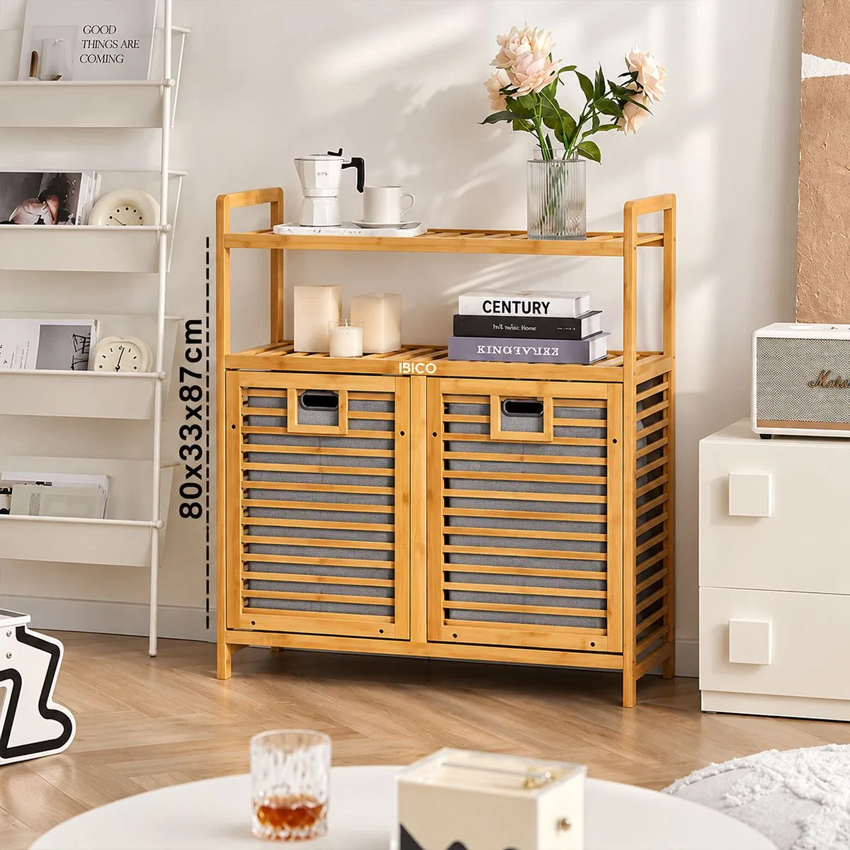 Bambu Kirli Çamaşır Sepeti 2 Bölmeli 2 Kat Organizer 80x33x87 cm görsel 2