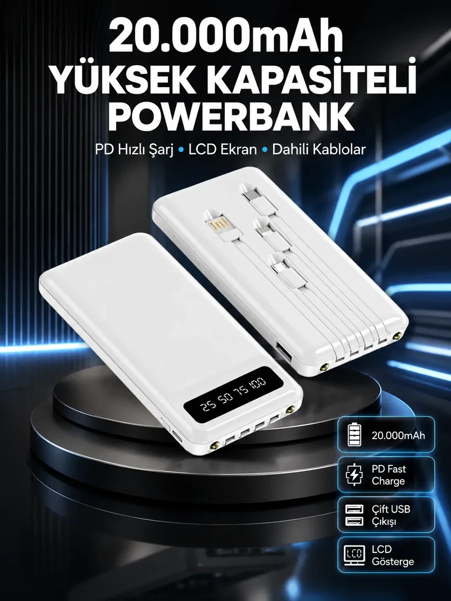 Akıllı LCD Ekranlı 20. 000mAh Powerbank PD + USB + Type-C Yeni Nesil