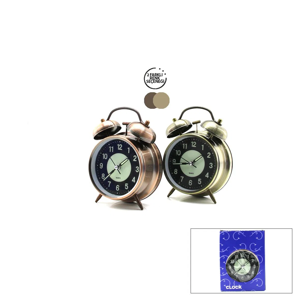 Yuvarlak Metal Çalar Saat 10 cm - Pilli Işıklı Fosforlu görsel 2
