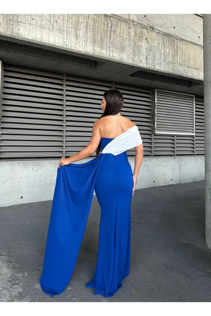 Kadın Minimal Tasarım Tek Omuz Kolsuz Omzu Açık Abiye Elbise görsel 4