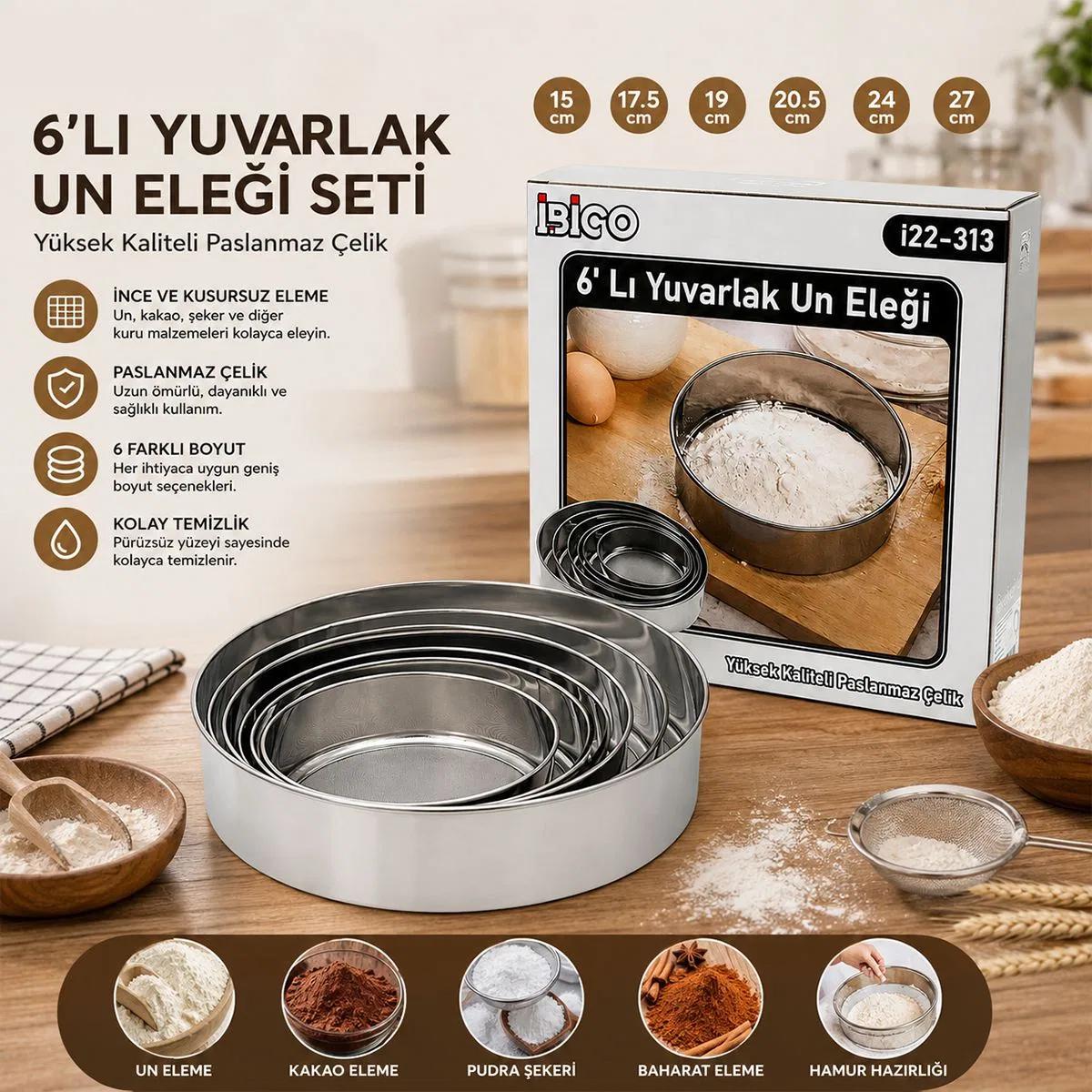 Yuvarlak Metal Un Eleği görsel 3
