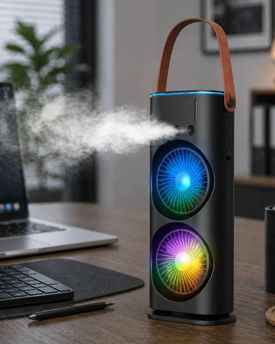 Çift Başlıklı Taşınabilir Fan Rgb Işıklı Sprey Nemlendiricili Masaüstü Serinletici Fan