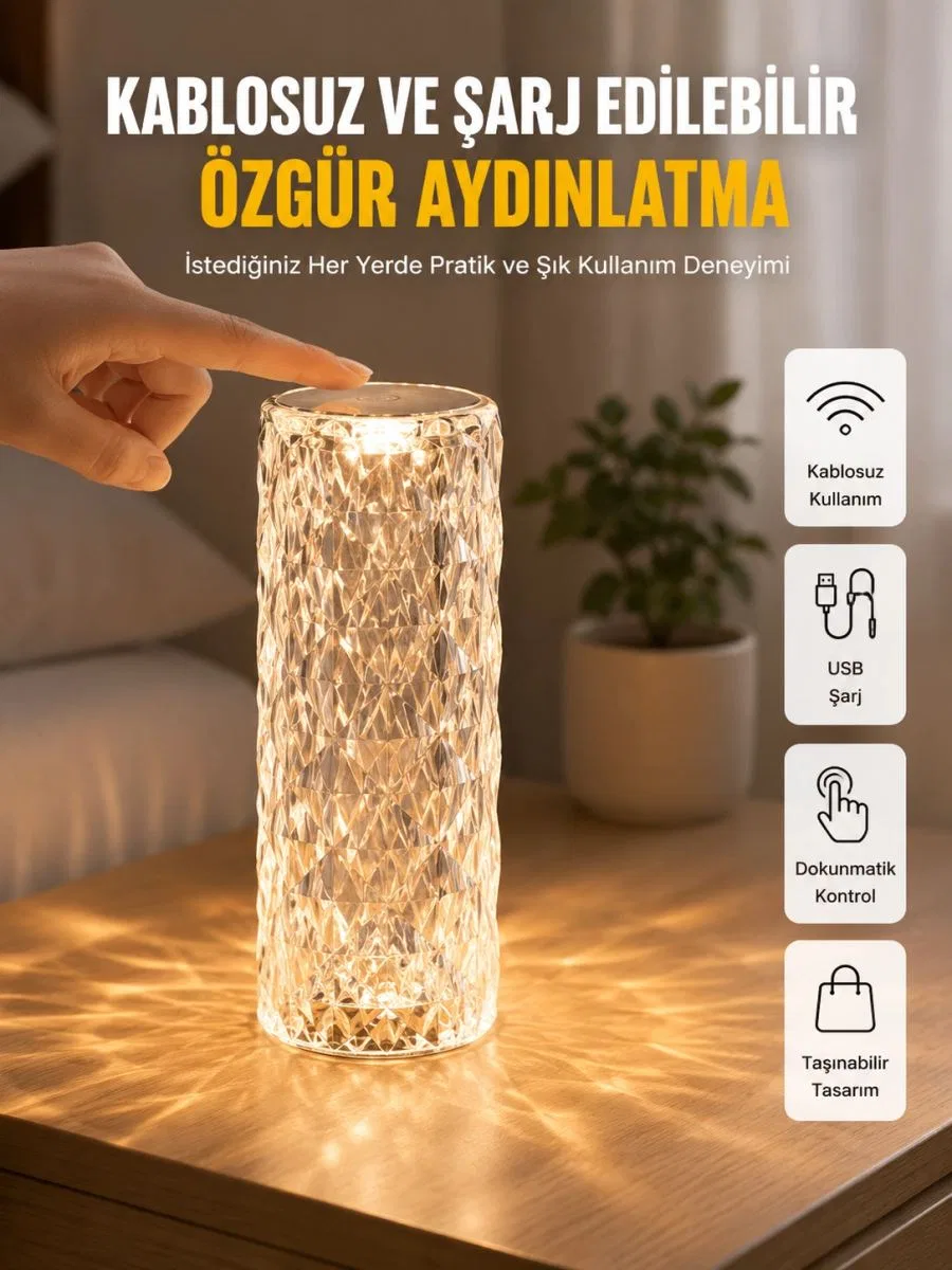 Yeni Nesil Modern Kristal Masa Ve Gece Lambası Dokunmatik Renk Değiştirebilen
