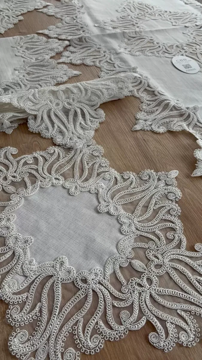 Salon Takımı Çeyizlik Krem Runner Set 5 Parça Keten Ranır Masa Konsol Sehpa Örtüsü Gülseda görsel 6