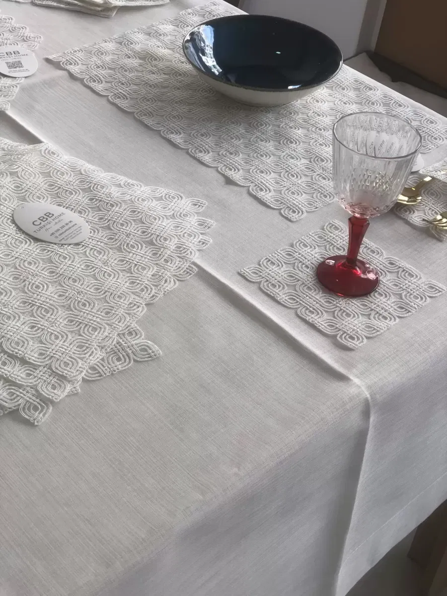Sofra Takımı Orion Gardenya Keten Yemek Takımı 160x260 Masa Seti 26 Parça Runner Set Krem görsel 5