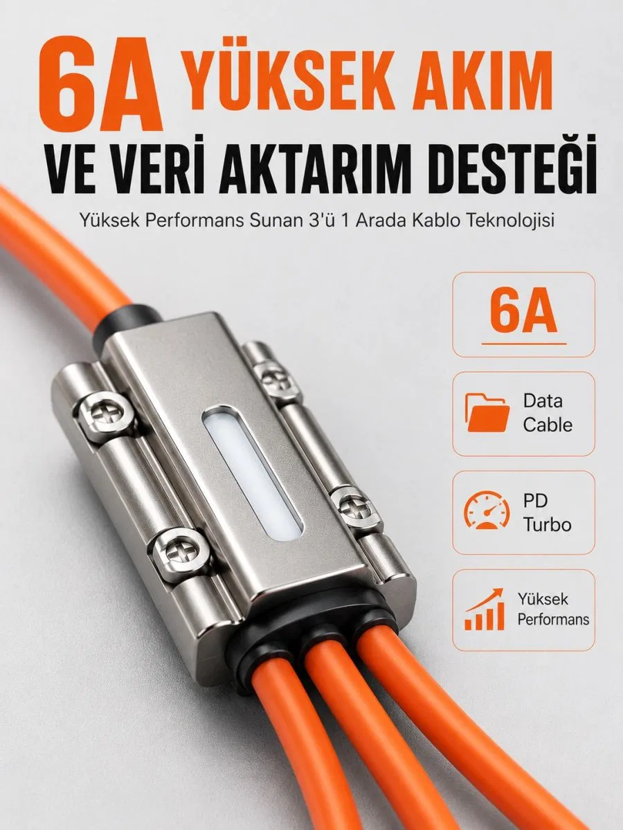120w Hızlı Şarj Destekli 3'ü 1 Arada Çok Amaçlı Şarj Ve Veri Aktarım Kablosu