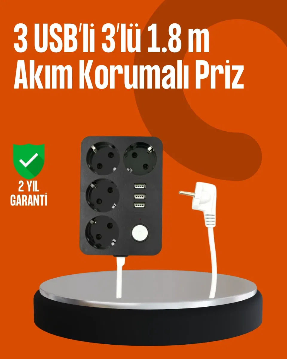 Akım Korumalı 3 USB Portlu 4’lü Priz 4. 1A Hızlı Şarj