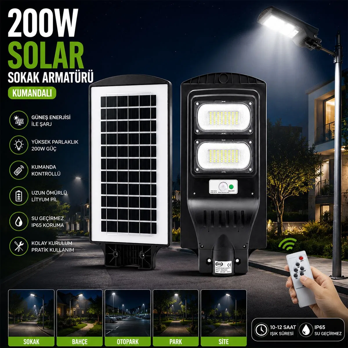 200W 6500K Sensörlü Güneş Enerjili Sokak Lambası görsel 3
