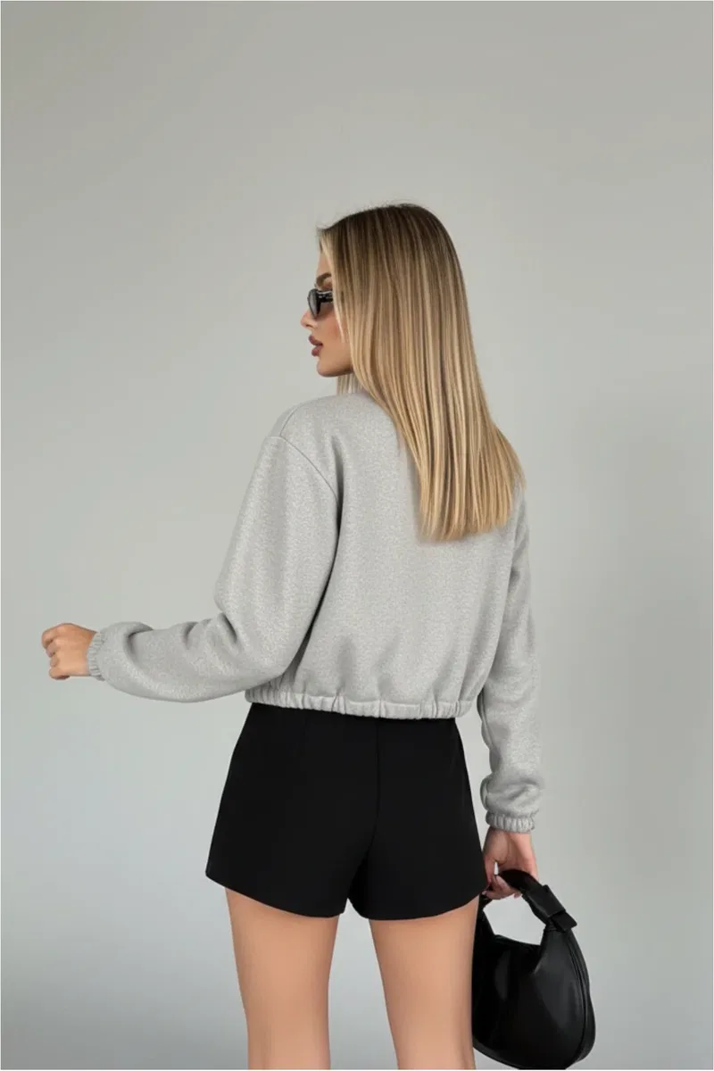 Kadın Şık Koyu Gri Basic Fermuarlı Crop Bomber Ceket görsel 8