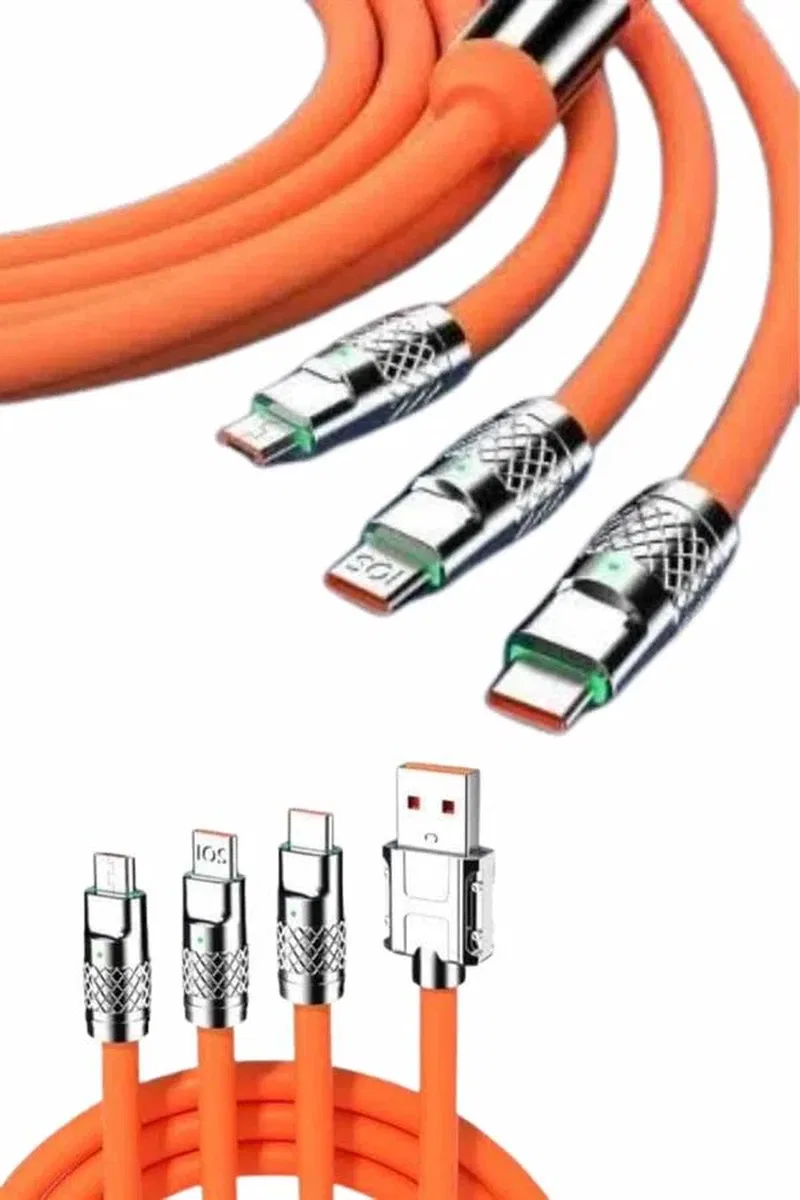 120W Silikon Metal Uçlu LED Işıklı 3 In1 Şarj Kablosu 1. 2m