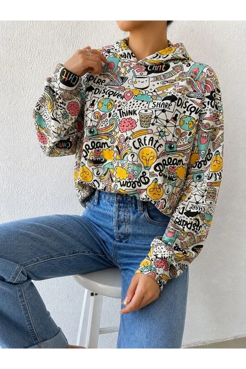 Kadın Zarif Detay Kapüşonlu Uzun Kol Renkli Jogger Sweatshirt