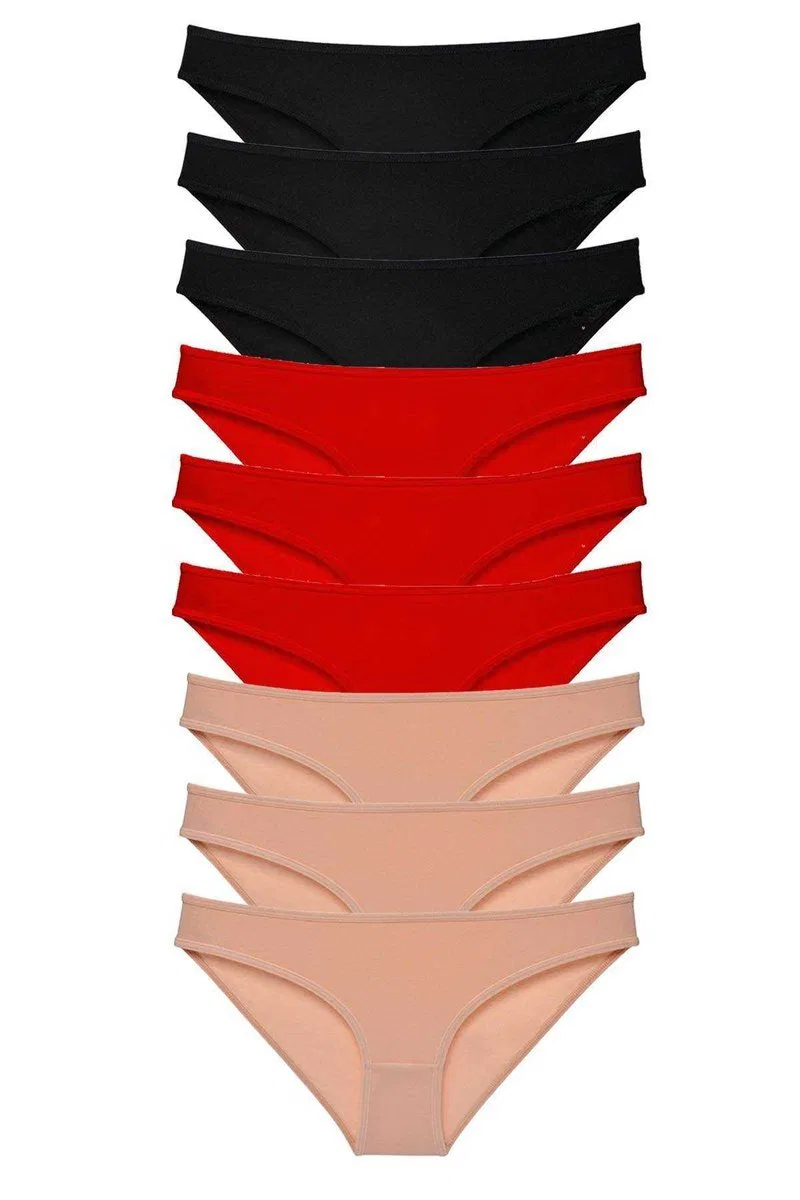 9 adet Süper Eko Set Likralı Kadın Slip Külot Siyah Kırmızı Ten mudanis