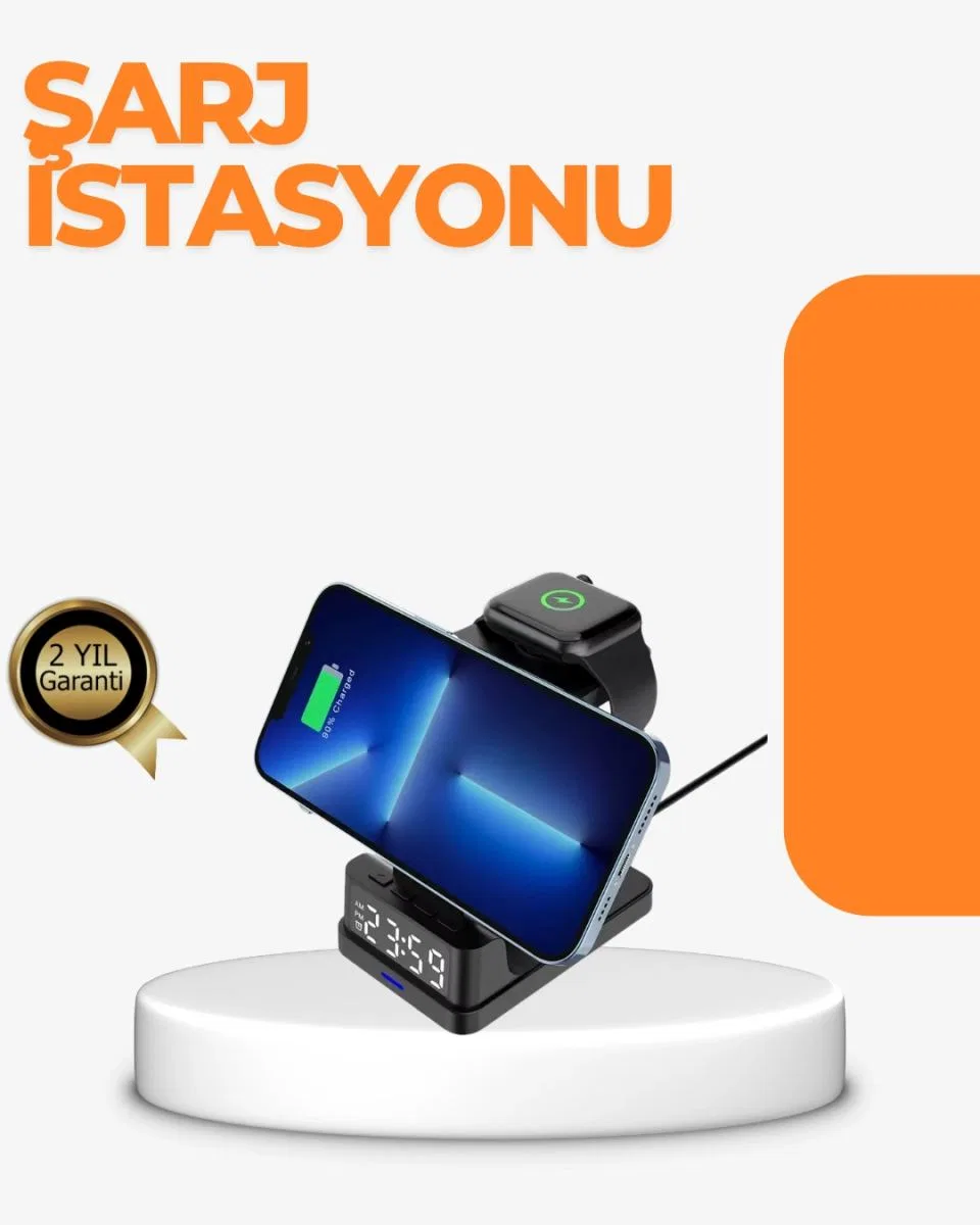4’ü 1 Arada Kablosuz Şarj İstasyonu Led Saat Ekranlı, Akıllı Güvenlik Koruması