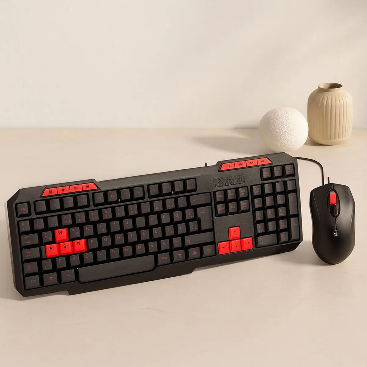 USB Kablolu Klavye Mouse Set - Kırmızı Tuşlu Q Klavye 1600 DPI