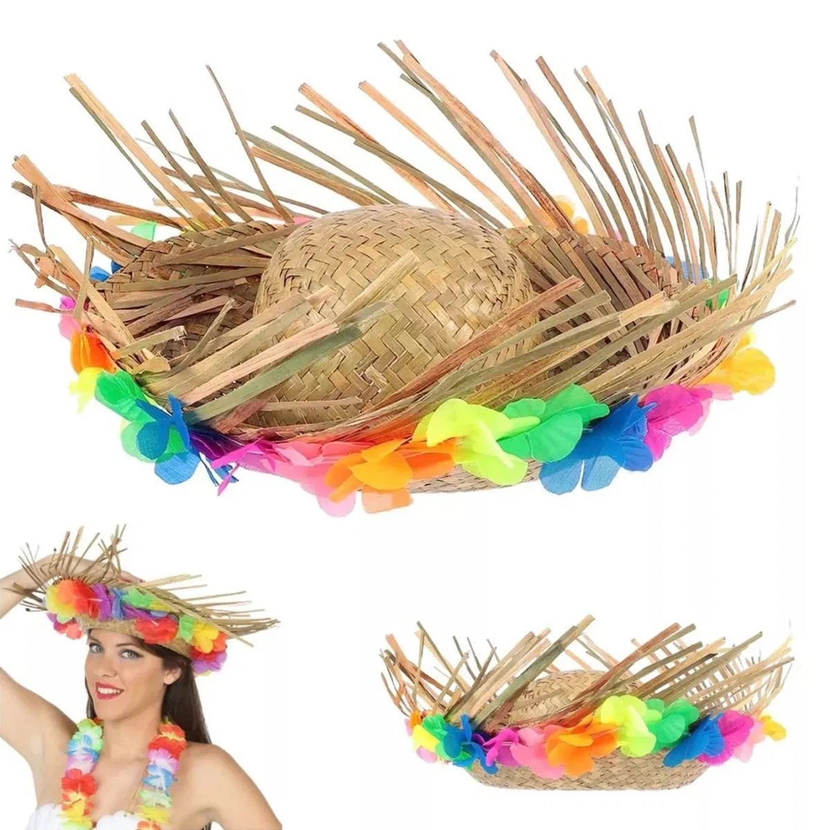 Naturel Renk Püsküllü Örme Hasır Hawaii Luau Aloha Şapka 13x36 Cm görsel 2