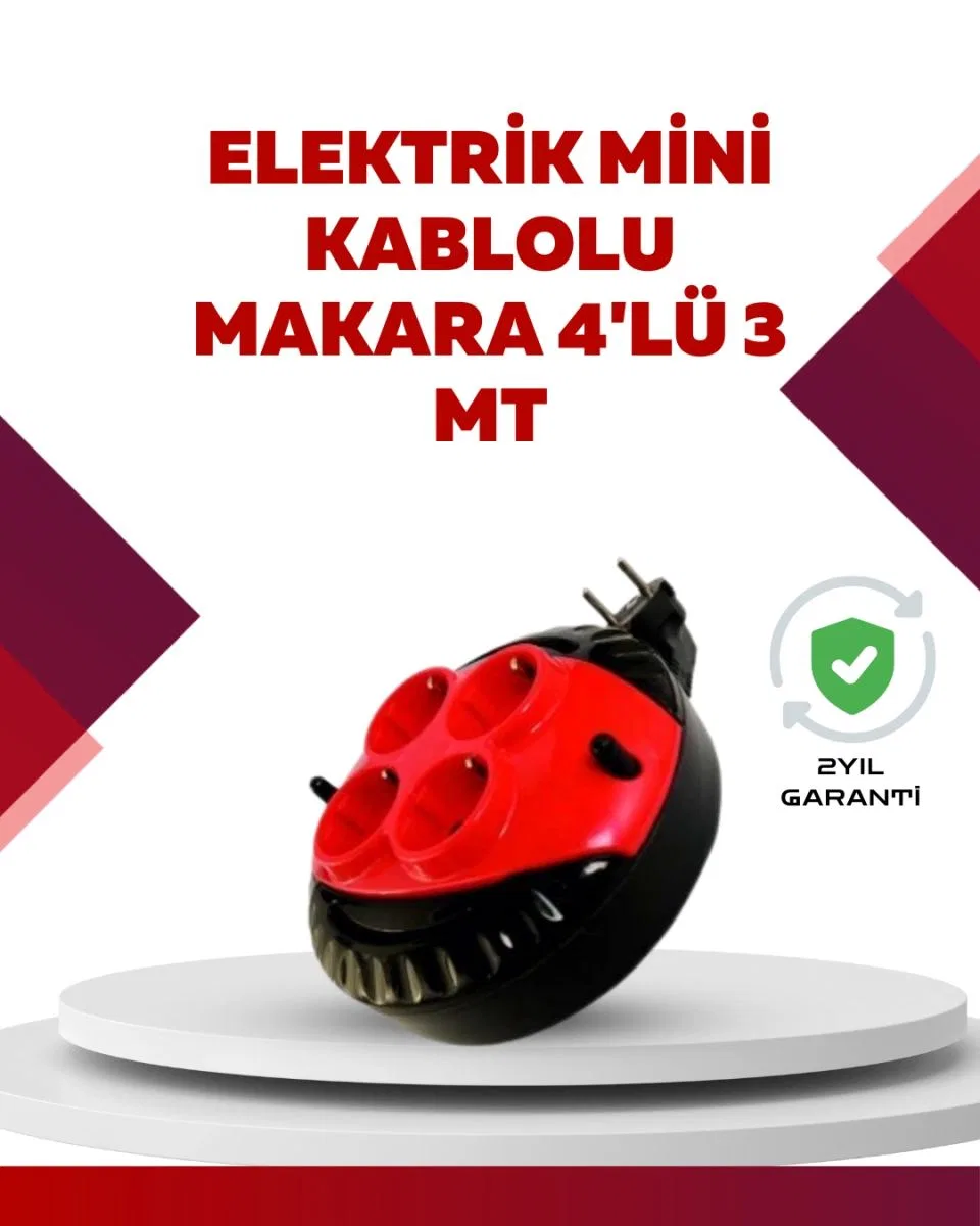 Kırmızı Renk 3 Metre 4’lü Kablolu Priz Makarası