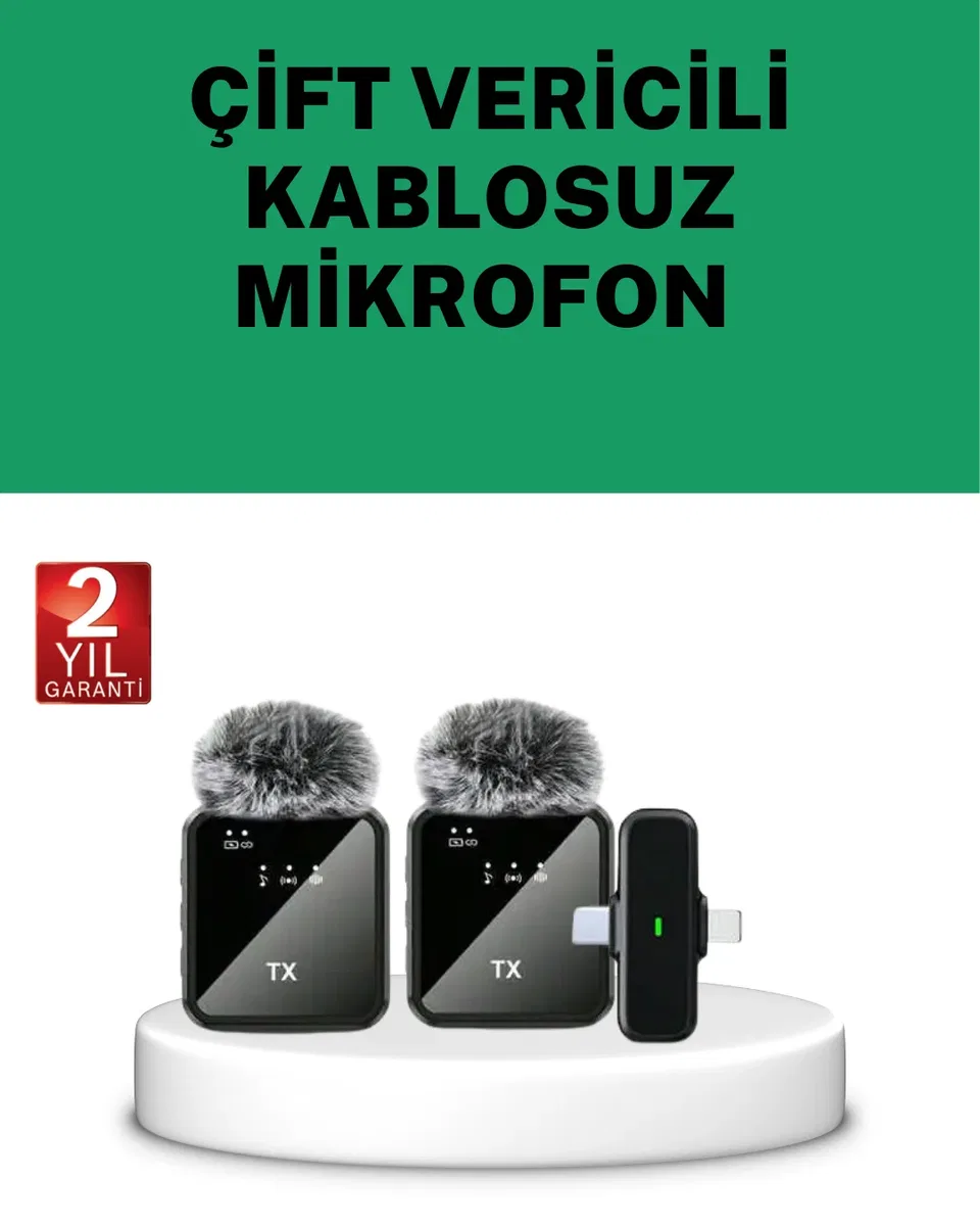 Canlı Yayın ve Video Çekimleri İçin Çiftli Kablosuz Yaka Mikrofon