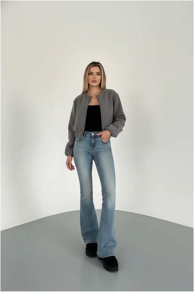 Kadın Şık Koyu Gri Basic Fermuarlı Crop Bomber Ceket görsel 2