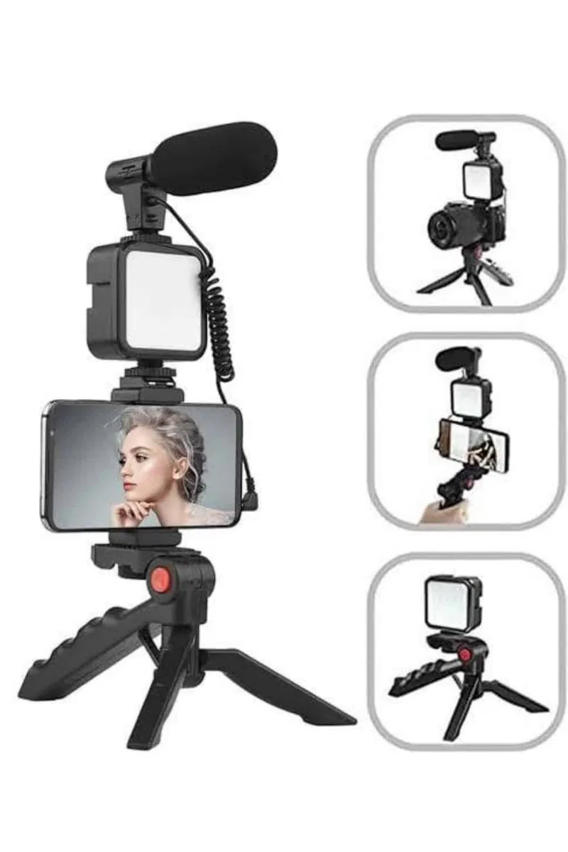 Tripod Telefon Tutucu Kumandalı Mikrofon Led Işık Vlog Video Kayıt görsel 3