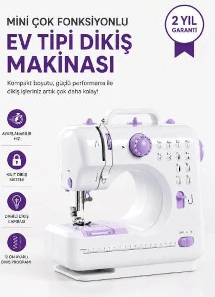 Kompakt Çok Fonksiyonlu Dikiş Makinesi 12 Desenli Ayarlanabilir Hızlı Ayak Pedallı