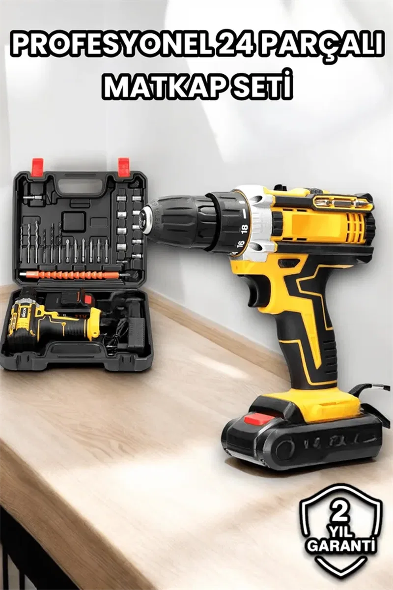 Metal Dişli 24W Akülü Matkap -Çift Bataryalı ve LED Çalışma Işığı ile Tam Set görsel 2