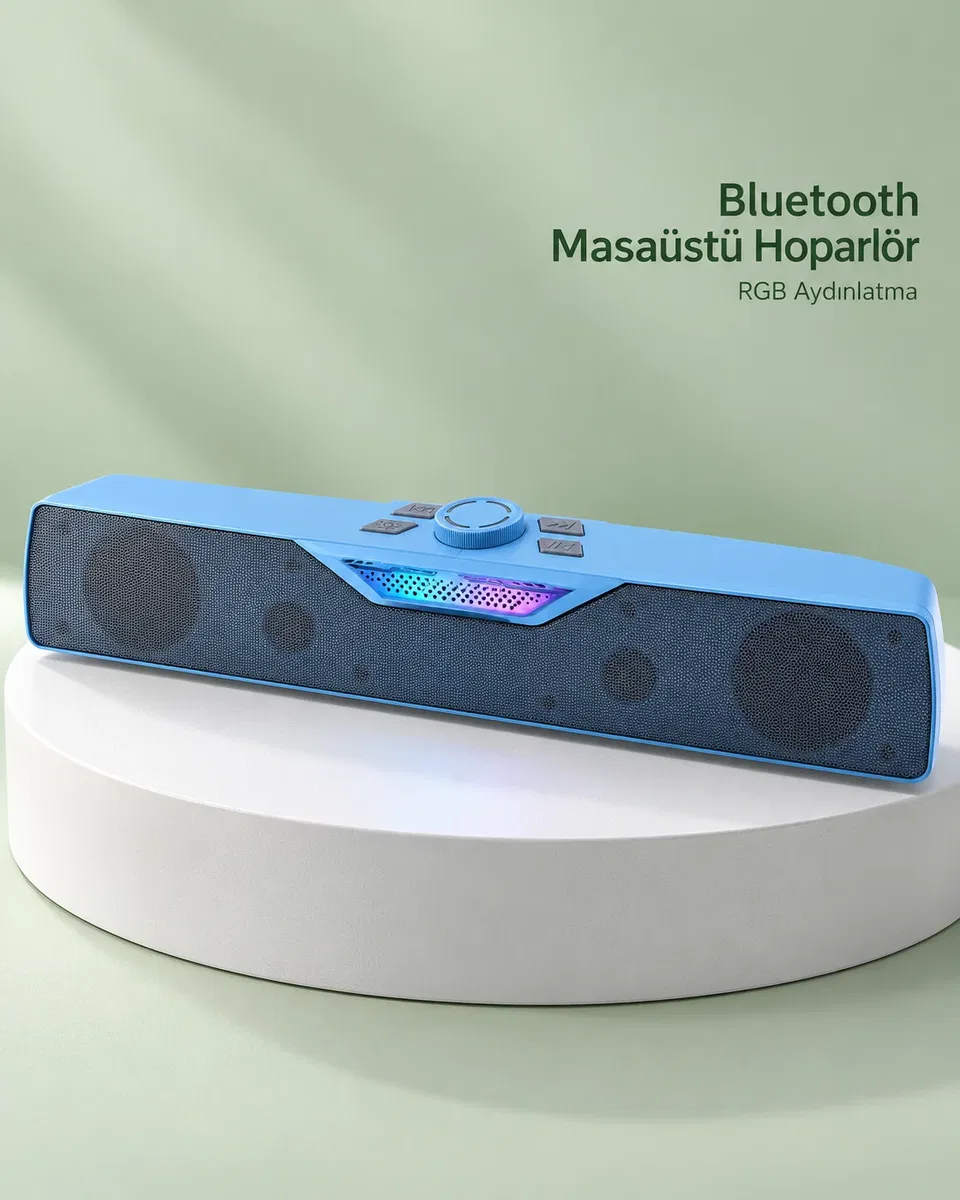 RGB Işıklı Bluetooth 5. 4 Masaüstü Soundbar Hoparlör USB ve TF Kart Destekli Mavi