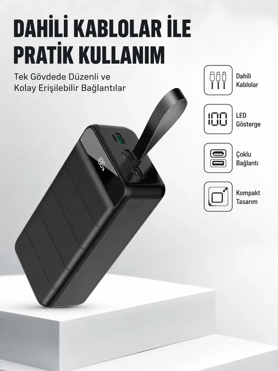 50. 000 mAh Kapasiteli Powerbank – Hızlı Şarj Destekli, 4 USB Portlu, LED Işıklı Taşınabilir Enerji Deposu