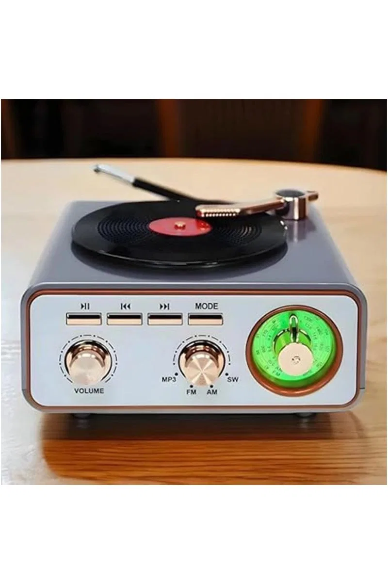 Metalik Nostaljik Tasarım Plak Çalar Görünümlü Radyolu Bluetooth Hoparlör Retro Müzik Plak görsel 2