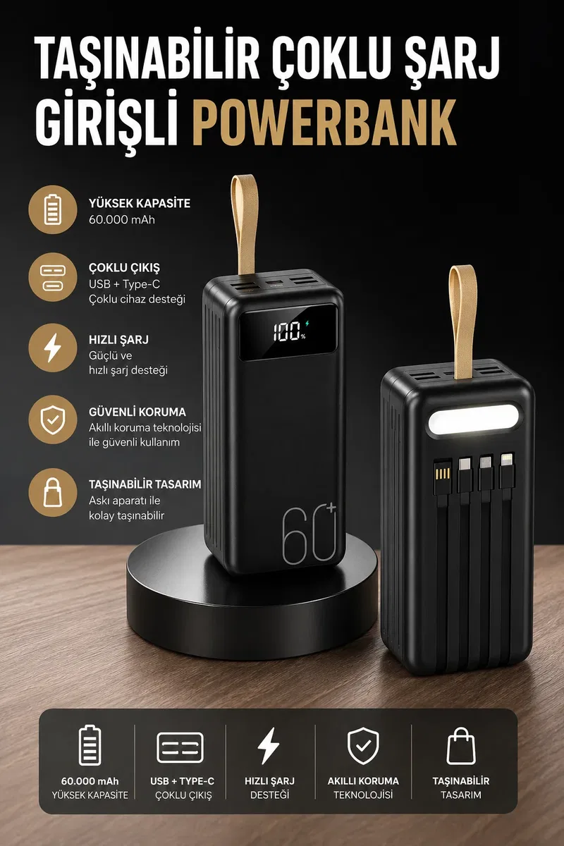 Powerbank 60. 000 MAH 4 Portlu Uzun Şarj Süreli Dijital Göstergeli