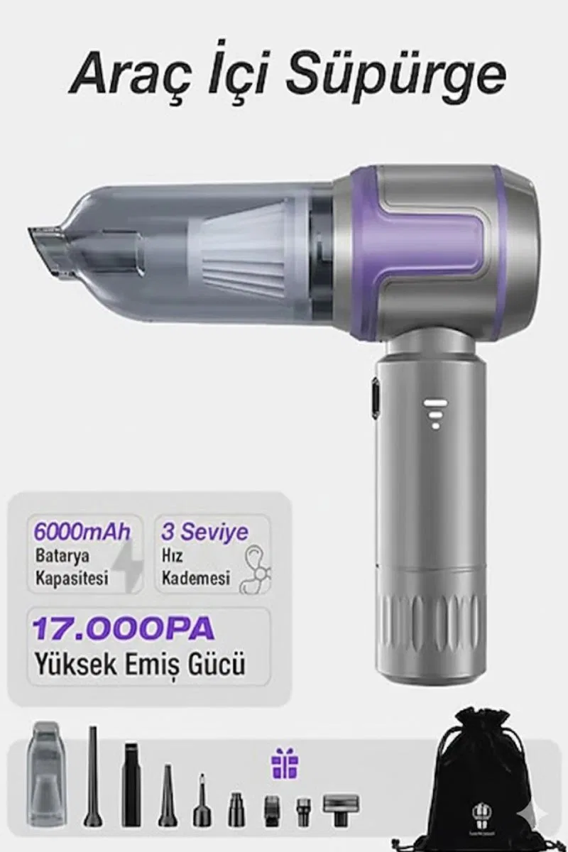 Kablosuz Taşınabilir Araç İçi El Süpürgesi 17000pa Güçlü Vakum 4’ü 1 Arada Çok Amaçlı Temizlik