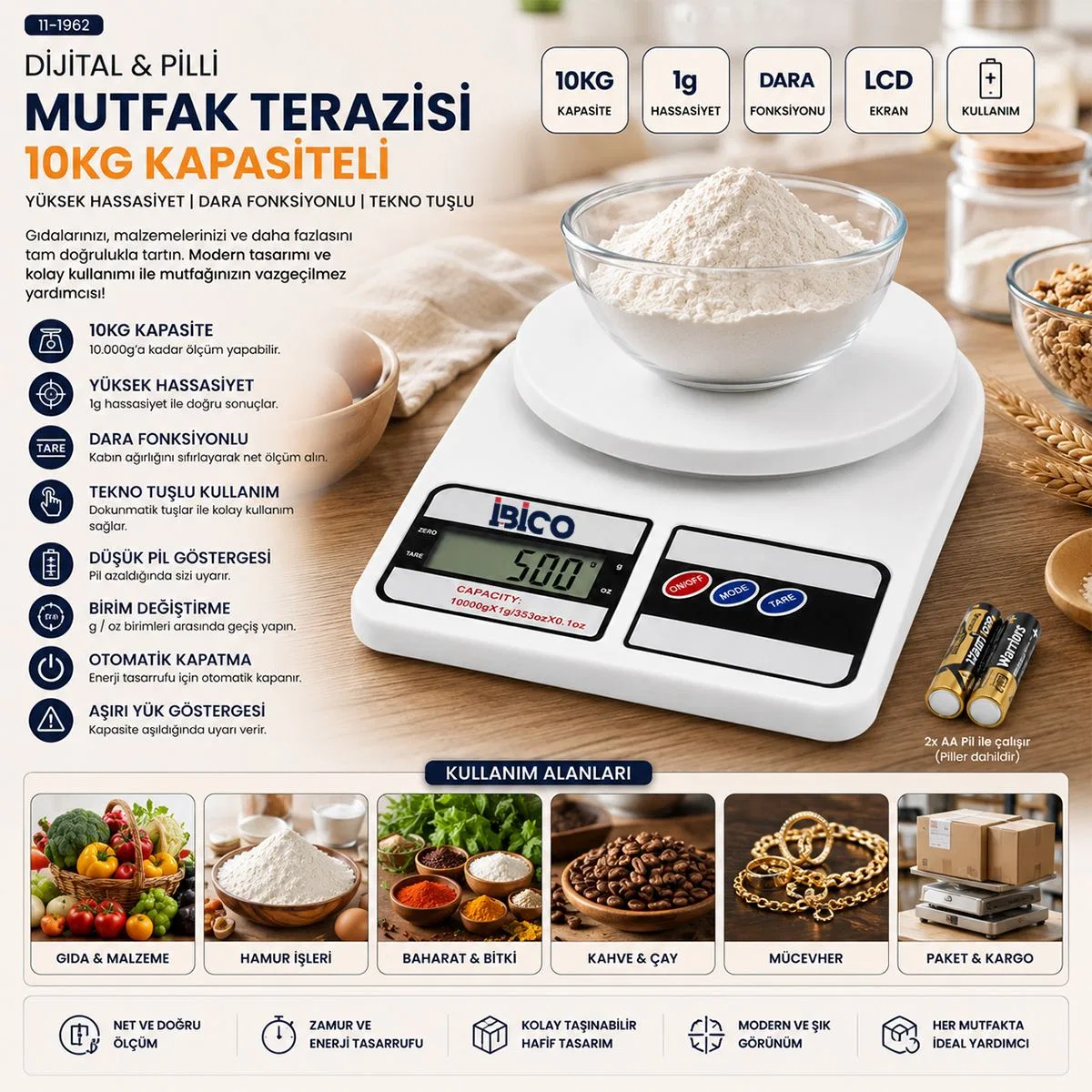 Dijital Mutfak Tartısı 10kg 1g Pilli görsel 3
